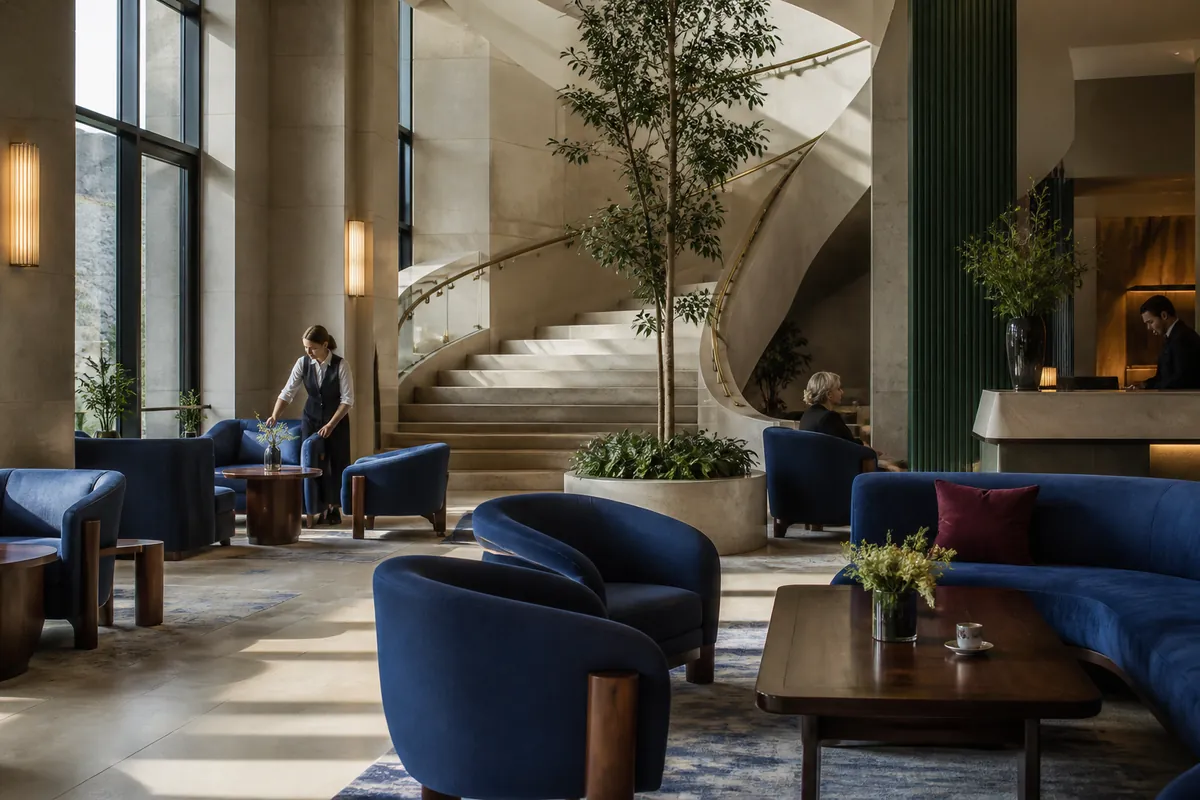 Modernistyczne lobby z wapiennym wnętrzem, kobaltowymi fotelami i roślinami