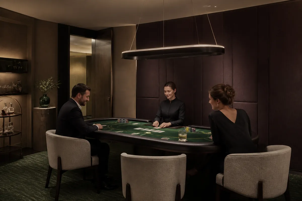Prywatny salon z jednym stołem, śliwkowymi tkaninami i kamiennym detalem