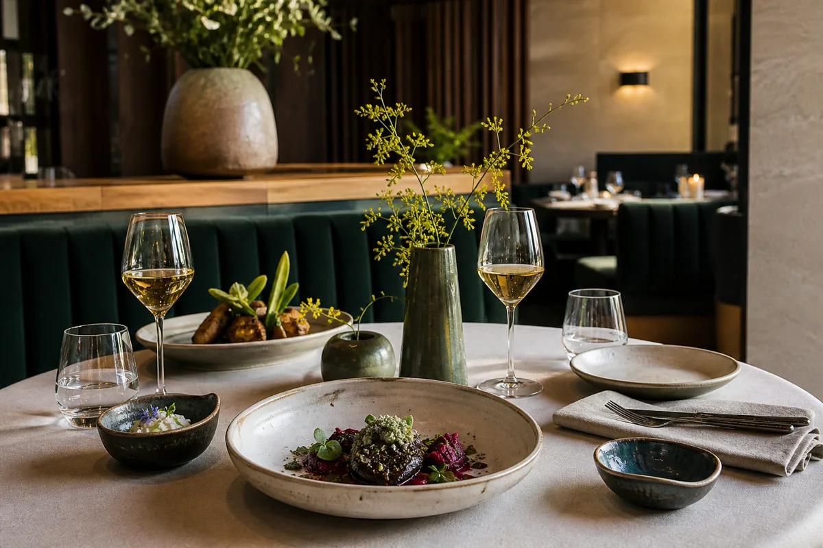 Nakryty stół restauracyjny z ceramiką i współczesnymi polskimi daniami